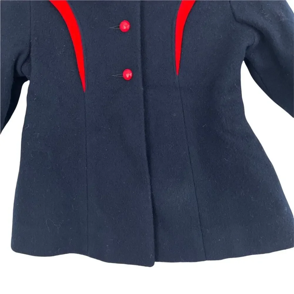 Vtg Rothschild Pea Coat Jacket Wool Navy Blue Red Button Front Union Made Sz S